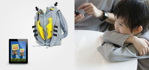 The T Jacket looks like a simple gray hooded jacket, but it contains an inflatable middle layer. The inflation is controlled by a mobile application